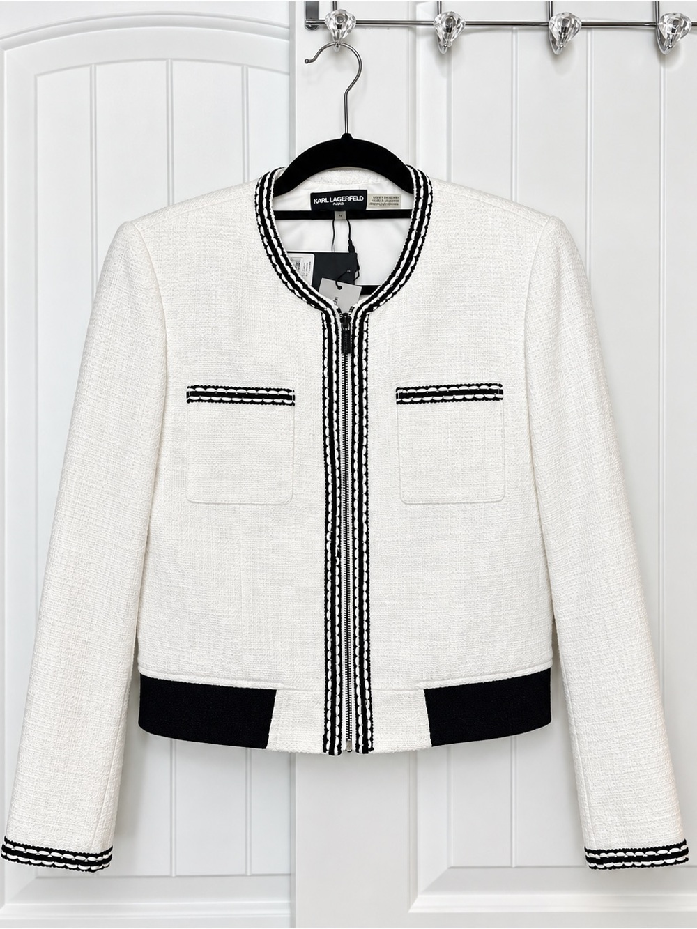 NWT Karl Lagerfeld White Tweed Jacket with Black Trim Accents